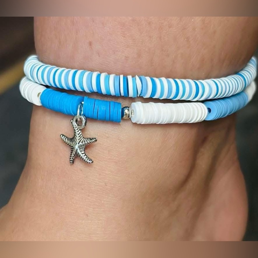 Blue and White Beaded Anklet with Starfish Charm